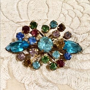 Vtg Czech multicolor rhinestone brooch pin, 1930’s